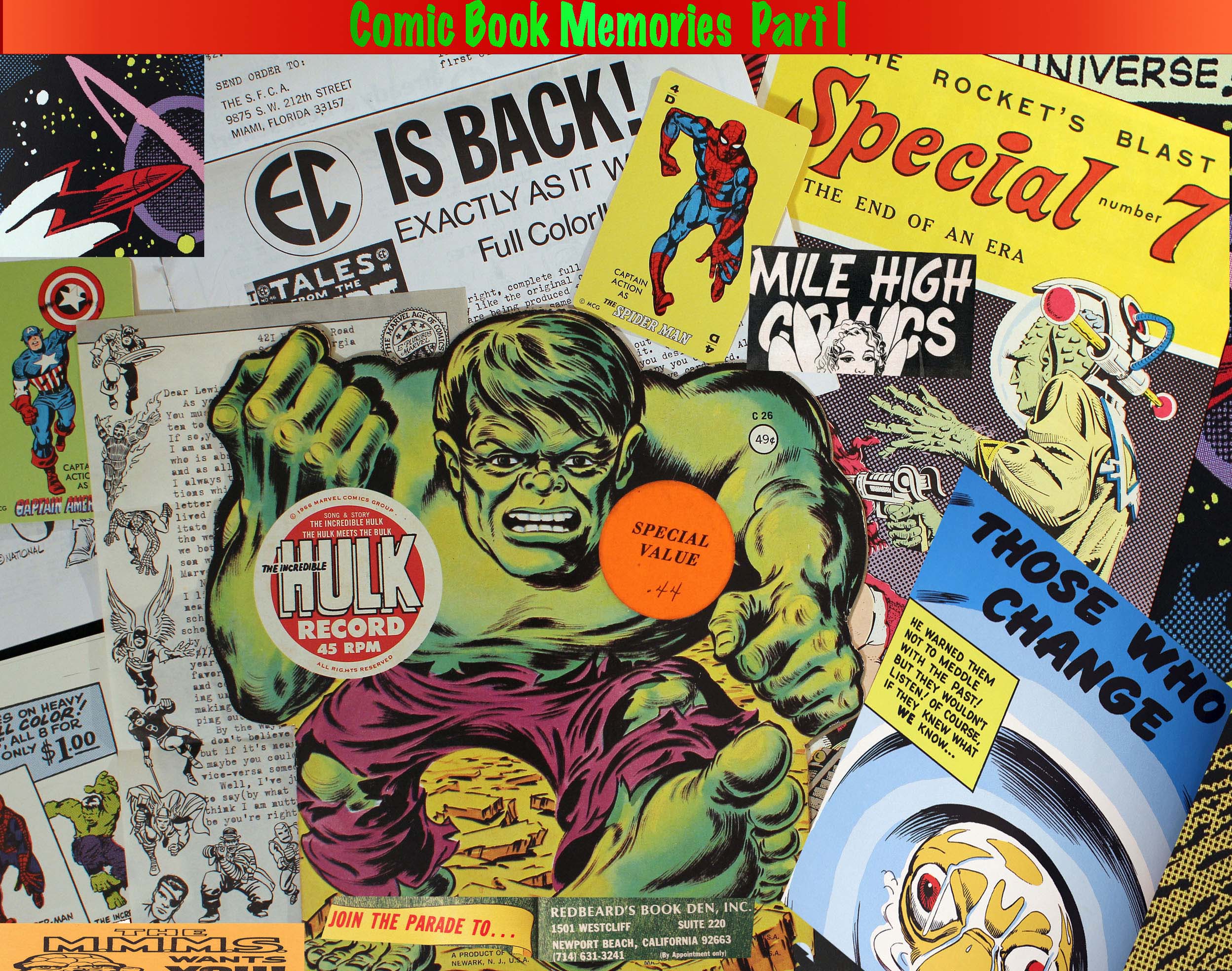 Collage of Hulk record, Spider-Man card, EC fanzine from 1960s