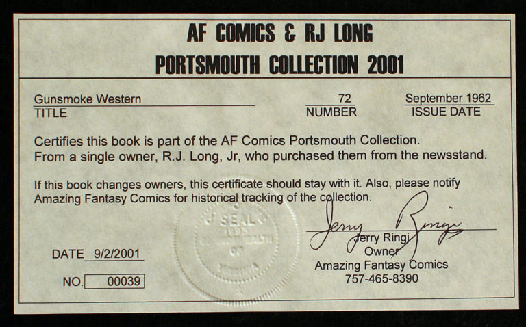 R.J. Long Pedigree comic book certificate